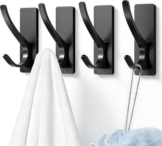 Self Adhesive Towel Hooks: Extra Strong 13LB, Stainless Hook for Hanging Loofah, Towels, Coat, Bath Robe Bathroom Shower, Black, 4 Pack
