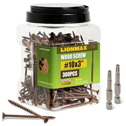 LIONMAX Wood Screws 3 Inch, Deck Screws #10 x 3, 300 PCS, Rust Resistant, Epoxy Coated, Exterior Wood Screw, Outdoor Decking Screws, Torx/Star Drive Head, T25 Star Bit Included, Brown