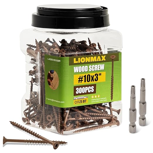 LIONMAX Wood Screws 3 Inch, Deck Screws #10 x 3, 300 PCS, Rust Resistant, Epoxy Coated, Exterior Wood Screw, Outdoor Decking Screws, Torx/Star Drive Head, T25 Star Bit Included, Brown