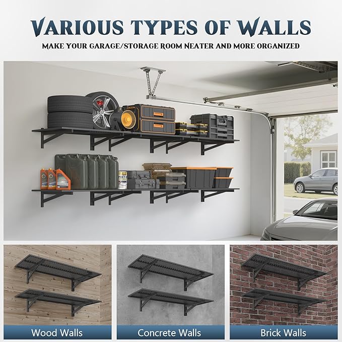 2 Pack Heavy Duty Garage Wall Shelving (1.5x4ft), 700lbs Capacity Garage Shelving Wall Mounted, 18"x96"Garage Storage Rack Floating Shelves, Black