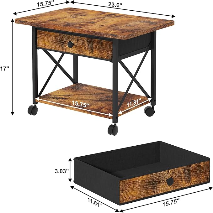 EasyCom 23.6" x 15.7" Under Desk Printer Stand with Storage Drawer, 2-Tier Shelf Desktop Printer Table for Desk with Wheels, Large Rolling Cart for Home Office Fits 3D Printer Scanner Rustic Brown