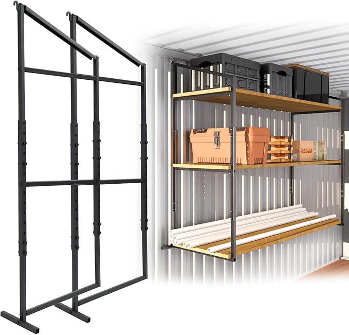 Shipping Container Shelving Rack Steel Container Hanging Shelf Bracket Height Adjustable Fit for 12in 24in Lumber Black Efficient Storage Space No-Drill Installation