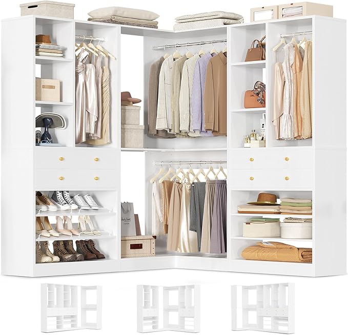 Closet System with 4 Drawers and Hanging Rods, 59.5"L / 87"L Closet Organizer System with Corner Tower, L Shaped Walk-in Closet System, Corner Closet System with Shelves, Set of 3, White