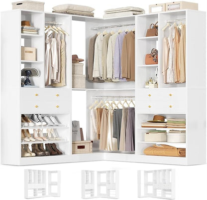 Closet System with 4 Drawers and Hanging Rods, 59.5"L / 87"L Closet Organizer System with Corner Tower, L Shaped Walk-in Closet System, Corner Closet System with Shelves, Set of 3, White