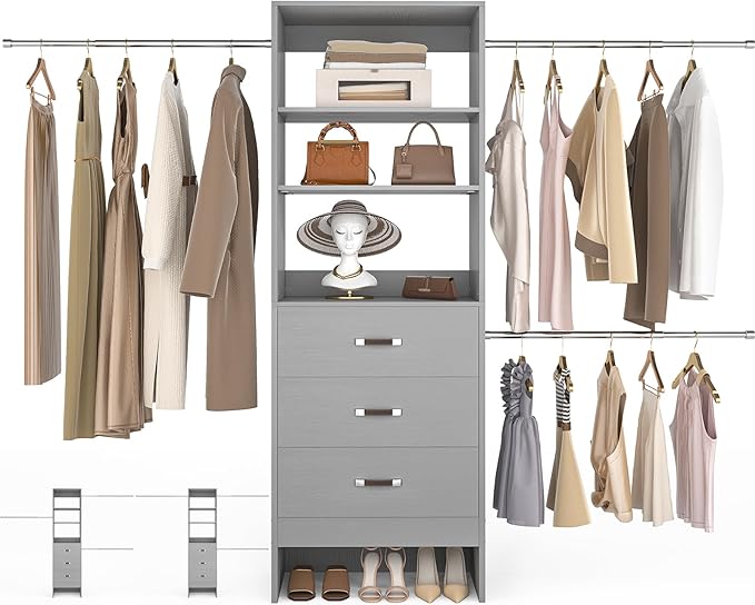 96'' Closet Organizer System with 3 Hanging Rods, 8FT Closet Organizers and Storage with 3 Wooden Drawers, Built in Closet Organizer Systems, Adjustable Walk-in Wardrobe from 5-8FT, Grey