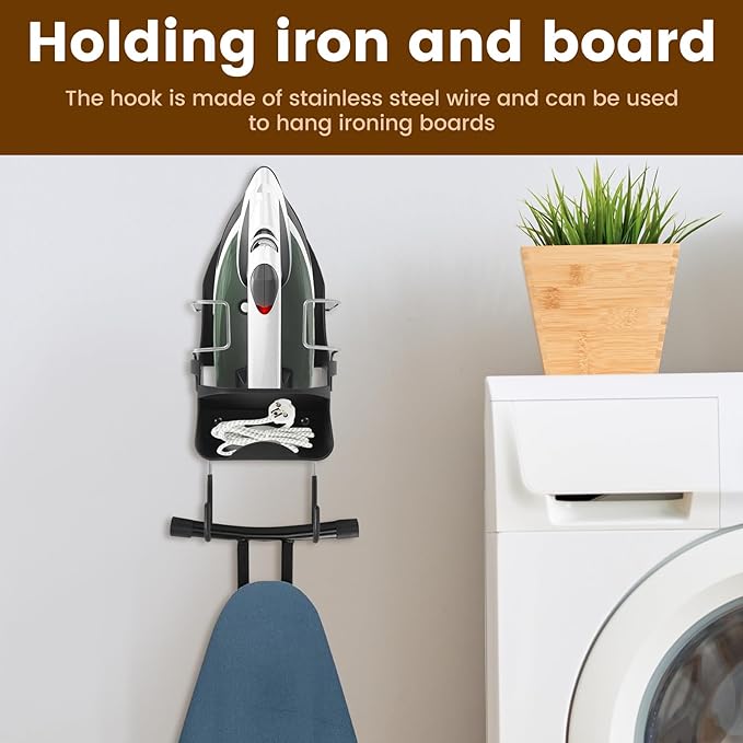 Iron Board Hanger Wall Mounted, Iron and Ironing Board Storage Organizer, Iron Hanger with Ironing Board Rack, Iron Board Holder, Electric Iron Holder for Home Bathroom (Black)