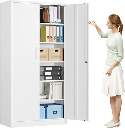 MIIIKO 72" White Metal 5-Shelf Cabinet with Locking Doors, 36" Wide Snap-Latch Steel Cabinet for Home Office, Pantry, School