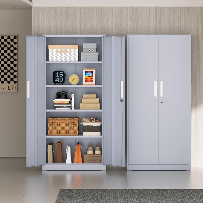 72” Metal Storage Cabinet, Lockable File Cabinets with 2 Doors and 4 Adjustable Shelves, Steel Tool Cabinets with Lock for Office, Home, Gym, Cement Grey-Small