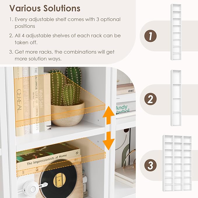 FOTOSOK White Bookshelf 8-Tier Media Tower Rack, 11.6 X 9.3 X 70.9 Inches CD DVD Slim Storage Cabinet with Adjustable Shelves, Tall Narrow Bookcase Display Bookshelf for Home Office, White