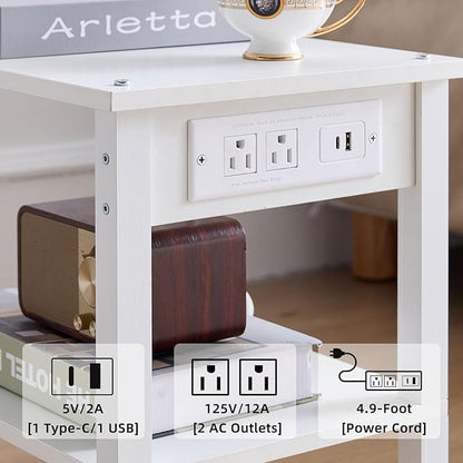 Lerliuo Under Desk Printer Stand with Charging Station, 2 Tier Wooden Small Printer Table with Storage, Rolling Printer Cart Shelf with Lockable Wheels for Home, Office (White)