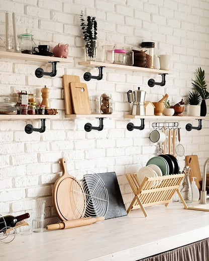 MUZIK Industrial Pipe Shelf Brackets, L Pipe Black Floating Shelf Brackets Heavy Duty - Vintage Iron Finish DIY Shelving Brackets for Shelves (7*4 Inch)