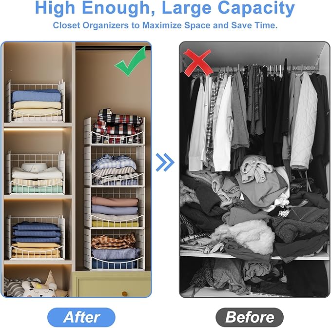 4-Tier Stackable Closet Organizers and Storage Shelves, Foldable & Mutifunctional Clothes Storage Basket Sweater Organizer Bins Container for Wardrobe Kitchen Office Bathroom, White