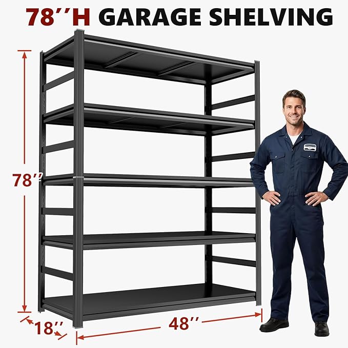 48" W Garage Shelving Heavy Duty Metal Shelves 5 Tier Adjustable Shelf Unit 3000 lbs Capacity Storage Stand Organizer for Warehouse and Basement,Black,78" H