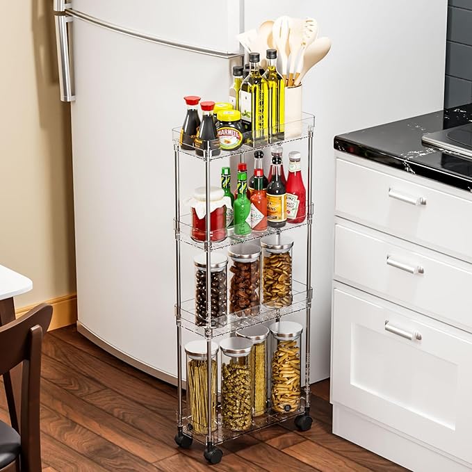 Yieach Clear 3 Tier Slim Rolling Storage Cart with Wheels,6.3″W Thin Shelf,Bathroom Storage Cabinet,Skinny Laundry Cart,Narrow Laundry Room Cart Between Washer and Dryer,Skinny Shelves for Small Space