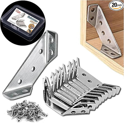 Furniture Corner Connector - 20PCS Universal Stainless Steel L Brackets for Wood,Hardware Metal Angle Bracket Corner Braces,L Bracket for Shelves,Table,Cabinet,Drawer,Corner Brackets for Wood