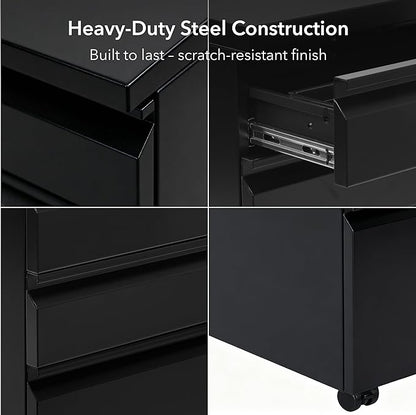 Mount-It! 3 Drawer File Cabinet with Lock and Wheels, Heavy-Duty Steel Rolling Drawer Cabinet, Fully Assembled Under Desk Filing Cabinet for Home Office Storage, 15.3" W x 19.75" D x 24.5" H, Black