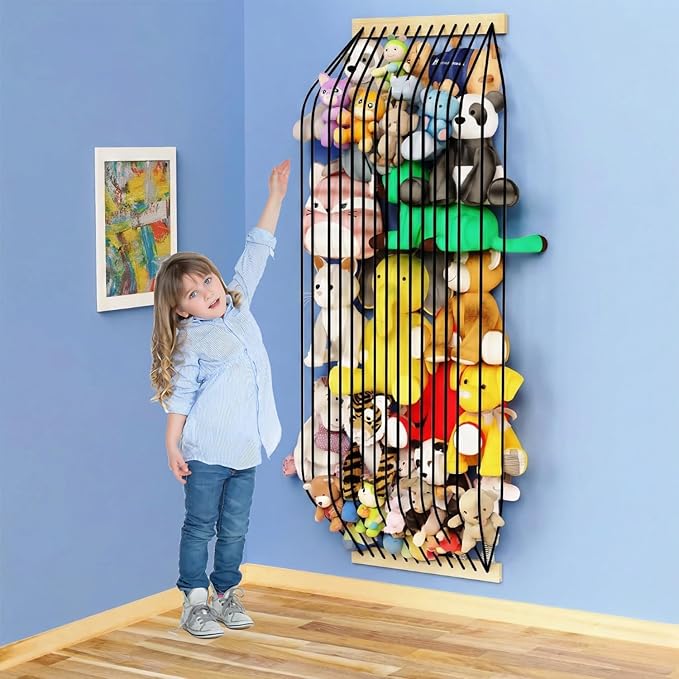 Stuffed Animal Storage Wood Soft Toy Organizer for Kids Room，Cute and Durable Wall or Door Mount Length Adjustable Hanging Stuffed Animal Toy Organizer Shelf for Nursery Play Room Black -Patent