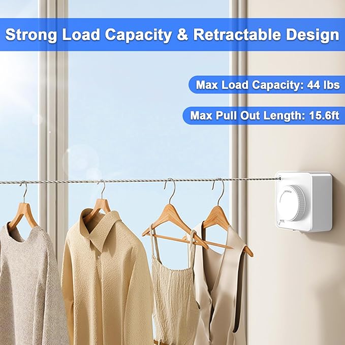 Retractable Clothesline Indoor, Non-Sagging Outdoor Clothes Drying Line Retracting Heavy Duty Clothes Drying Laundry Line Wall Mounted Stainless Steel Line - 15.6 Feet (1, White)