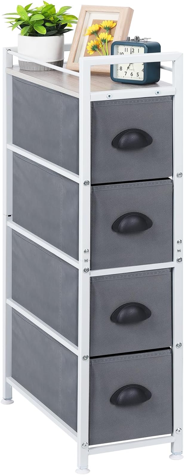 HAITRAL Narrow Dresser - 4 Drawers Slim Fabric Storage Cabinet - Vertical Standing Storage Chest - Gaps Tower Organizer with Removable Drawers and Wooden top for Laundry,Closet,Living Room,Entryway
