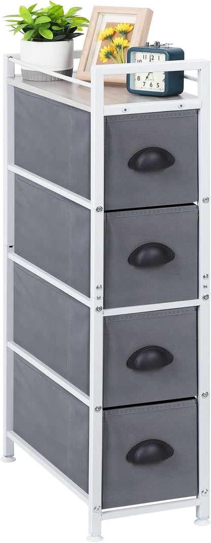 HAITRAL Narrow Dresser - 4 Drawers Slim Fabric Storage Cabinet - Vertical Standing Storage Chest - Gaps Tower Organizer with Removable Drawers and Wooden top for Laundry,Closet,Living Room,Entryway