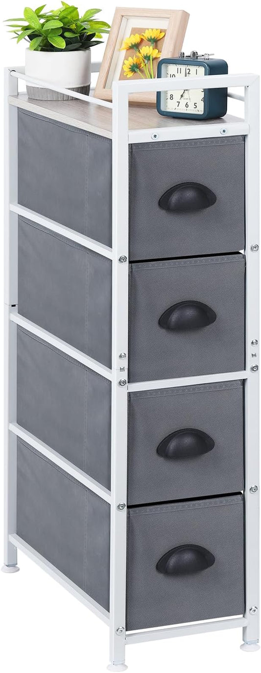 HAITRAL Narrow Dresser - 4 Drawers Slim Fabric Storage Cabinet - Vertical Standing Storage Chest - Gaps Tower Organizer with Removable Drawers and Wooden top for Laundry,Closet,Living Room,Entryway
