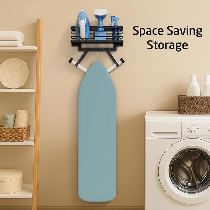 KES Ironing Board Hanger Wall Mount with 90lb High-Capacity, 3X Heavy Duty Ironing Board Holder with T&V Shaped Hooks, Extra Large Storage Basket, No Breaking Sturdy Screws Included, Black, HIR502-BK