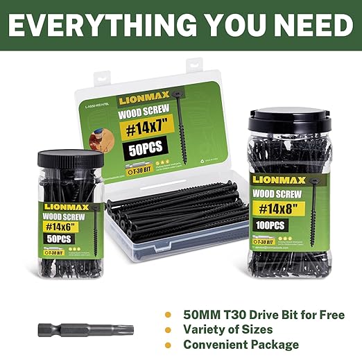 LIONMAX Deck Screws 3-1/2 Inch, Wood Screws #10 x 3-1/2", 100 PCS, Rust Resistant, Exterior Epoxy Coated, Outdoor Decking Screws, Torx/Star Drive Head Screw, T25 Star Bit Included, Black