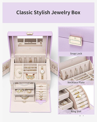 Vlando Jewelry Box Organizer for Girls Women, Large Baroque Jewelry Holder Organizer with Mirror, 3 Drawers for Bracelets, Earrings, Rings, Necklaces, Mothers Day Gifts for Loved One, Purple