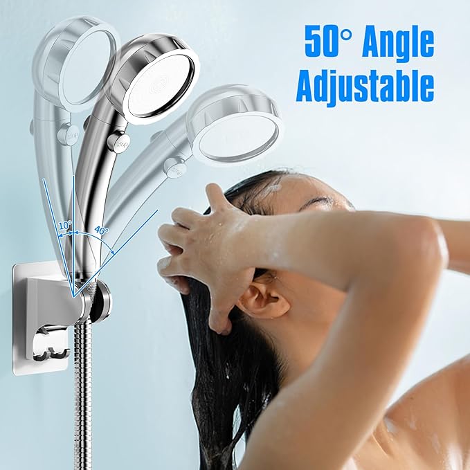 JONKEAN Shower Head Holder Without Drilling, 3m Handheld Shower Head Holder Adhesive, 50°Adjustable Shower Wand Holder Wall Mount, Shower Head Bracket with Hook (Chrome, 1 Pack)