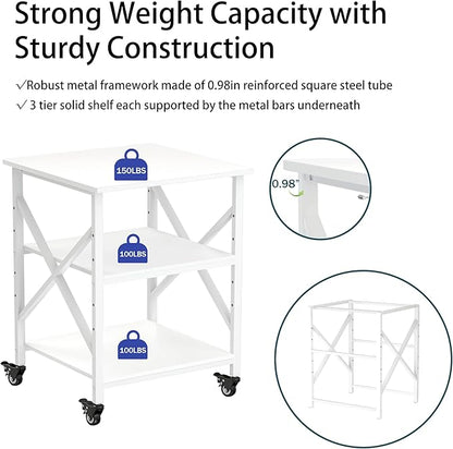 Printer Stand, 23.6 x 23.6 Inches Large Printer Stand with Adjustable Storage Shelf, 3 Tier Printer Table for Home Office, Rolling Printer Cart with Industrial Wheels, Mini Fridge Stand Table, White