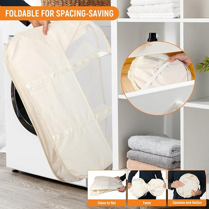 Collapsible Laundry Baskets with 3 Compartment, 150L Tear-proof Pop Up Hamper, Foldable Laundry Basket with Tote Handles, Dirty Clothes Hamper for Laundry, Bedroom, Bathroom, Dorm Beige