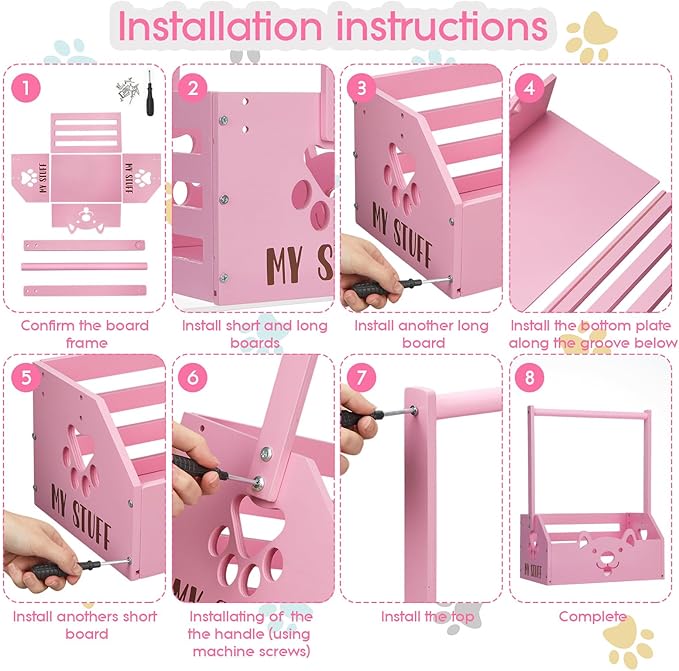 Chunful Dog Closet Wooden Pet Wardrobe Closet Dog Toy Storage Bin with Handle Pet Clothes Rack for Cat Organization and Storage Accessories, 19" x 13" x 9"(Pink)