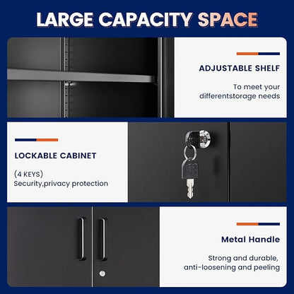 Yizosh Metal Storage Locking Cabinet with 4 Doors and 2 Adjustable Shelves,71" Lockable Garage Tall Steel Cabinet,for Home Office,Living Room,Pantry,Gym,Commercial Storage (Black)