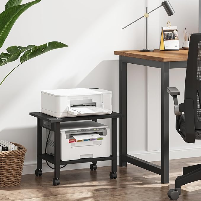 TUTOTAK 2 Tier Printer Stand, Rolling Printer Cart with Power Outlets and USB Ports, Mobile Printer Table with Wheels, for Under Desk, Office, Home, Black PS01BK001P