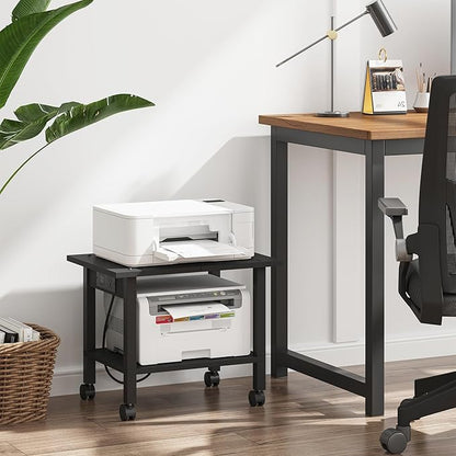 TUTOTAK 2 Tier Printer Stand, Rolling Printer Cart with Power Outlets and USB Ports, Mobile Printer Table with Wheels, for Under Desk, Office, Home, Black PS01BK001P