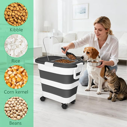 ShineMe Dog Food Storage Container, 30 Lbs Collapsible Food Storage Containers with Rolling Wheel Airtight Locking Lid, Cat Foods Bin with Cup and Scoop, Suitable for Pet Snack, Rice, Flour (Black)