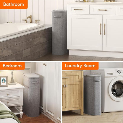 Lifewit 75L Slim Laundry Basket with Lid, Narrow Large Laundry Hamper with Plastic Handles and Removable Bag, Tall Foldable Dirty Clothes Hampers for Laundry Room, Bedroom, Bathroom, Dorm, Gray