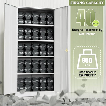 SUNCROWN 72" Metal Storage Cabinet - Heavy-Duty Metal Garage Cabinet with 4 Adjustable Shelves & 2 Doors for Tools, Office, Home, Workshop,White