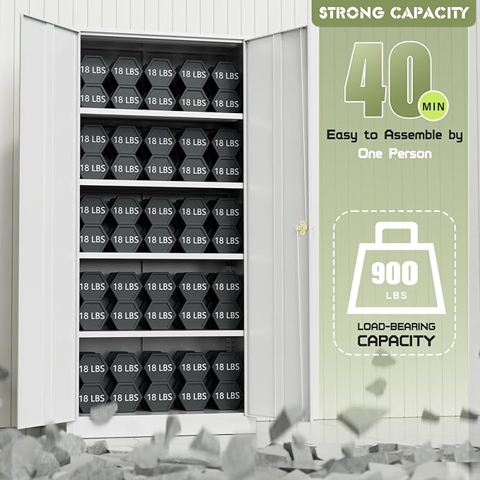 Oakcloud Metal Storage Cabinet Tool Organizer, 72" Lockable Garage Storage Tool Cabinets with 2 Doors and 4 Adjustable Shelves, Locking File Cabinet for Office, Home, School (72“ Wide-White)