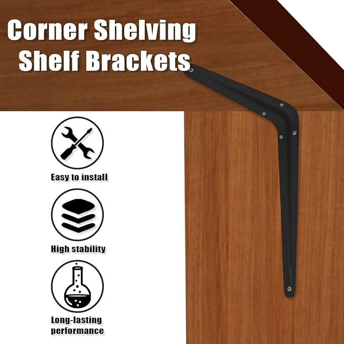 4 Pcs Black Steel Wall Mount Shelf Brackets, 10 x 12 Inch Heavy Duty Metal Corner Angle Shelves with Wall Anchors and Screws