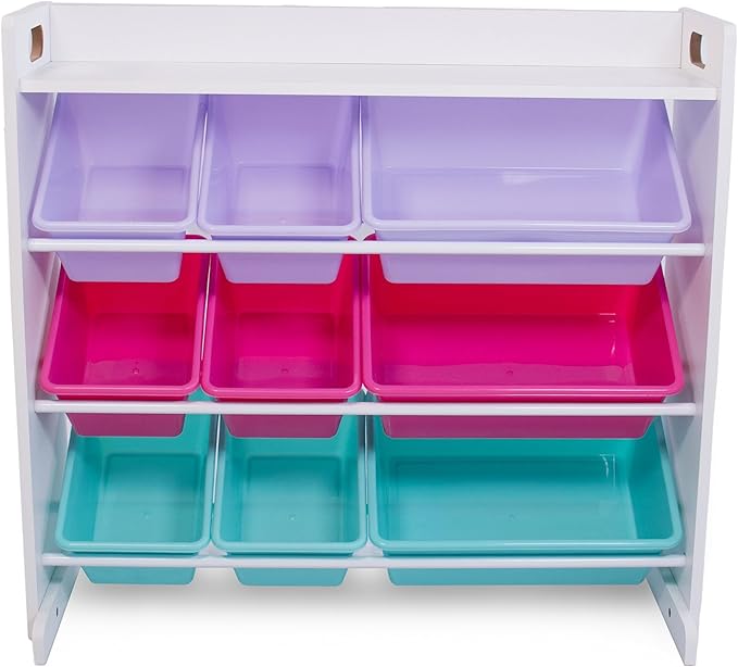 Humble Crew Crafts and Toy Storage Organizer with Top Shelf and 9 Removable Bins, White/Pink/Purple/Aqua Toddler Bookshelf with Organizer - Modern Rack Ideal for Kids' Rooms, Playrooms, and Nurseries