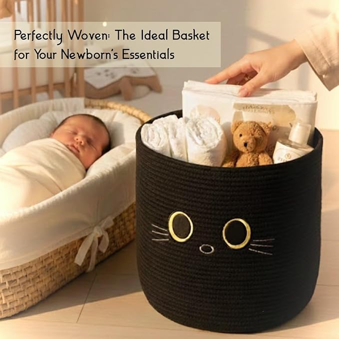 Kids Laundry Basket & Toy Storage Organizer | Large Black Cat Woven Cotton Rope Bin for Stuffed Plushies | Animal face Hamper with Cutout Handles for Nursery, Playroom & Kid’s Bedroom (Black Cat)