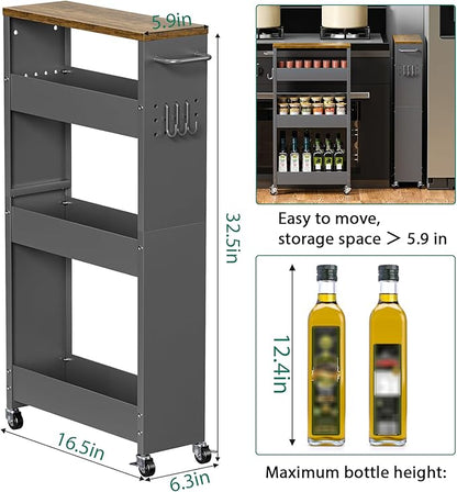 Slim Storage Cart, 4 Tier Rolling Kitchen Cart on Wheels for Small Space, Narrow Laundry Bathroom Organizers Mobile Shelving Unit Metal Utility Cart with Handle, 5.9in Width, Gray