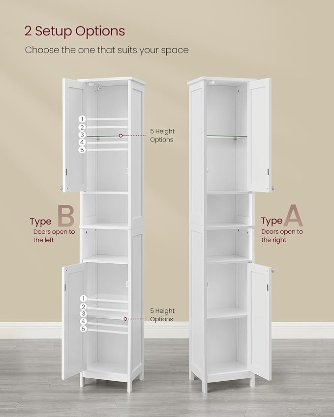 VASAGLE Tall Storage Cabinet with Lights, Slim Freestanding Cabinet with Adjustable Shelves, for Small Spaces, Bathroom, Living Room, Modern, 11.8 Inches Wide, Cloud White UBBC566W02V1