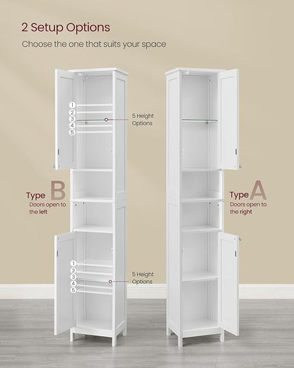 VASAGLE Tall Storage Cabinet with Lights, Slim Freestanding Cabinet with Adjustable Shelves, for Small Spaces, Bathroom, Living Room, Modern, 11.8 Inches Wide, Cloud White UBBC566W02V1