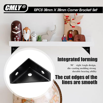 CMLY Corner Brackets, 10Pcs 38mm x 38mm, Black Steel, Triangle Shelf Brackets, Corner Desk Connectors for Wood, Metal, Table, Cabinet