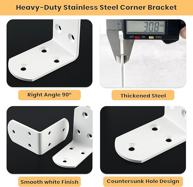 Alise 4Pcs Shelf Brackets White, Stainless Steel Floating Shelf Brackets Corner Brackets, L Brackets for Shelves, 90 Degree Angle Bracket, Heavy Duty Shelf Brackets for Wood Furniture (2.56X2.56 in)