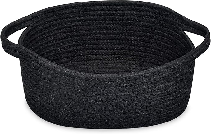ABenkle Small Basket with Handles - Decorative Durable Rope Woven Storage Bin Shelf Storage Organizer Cube, Easter Baby Gift Basket, 12"x8"x5", Black