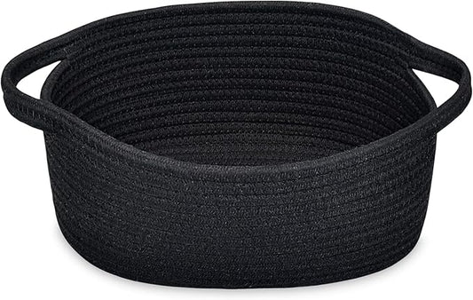 ABenkle Small Basket with Handles - Decorative Durable Rope Woven Storage Bin Shelf Storage Organizer Cube, Easter Baby Gift Basket, 12"x8"x5", Black