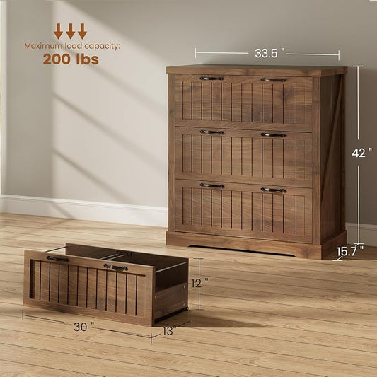 SEDETA 3 Drawer File Cabinet, Farmhouse Filing Cabinet for Home Office, Wood Office File Cabinets for Letter/Legal/A4 Size, Lateral File Cabinets with Printer Stand for Study Room, Living Room (Brown)